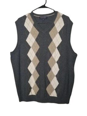 Roundtree & Yorke Gray Tan Argyle Cotton V Neck Sweater Vest Large